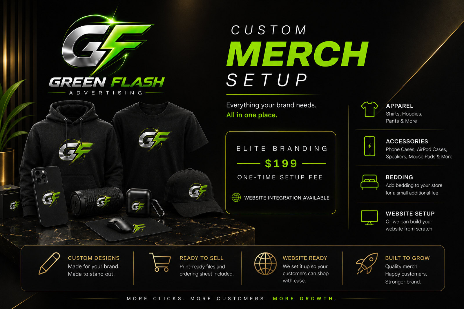 Green Flash custom merch — hoodie, tee, cap, phone case, speaker, AirPod case and mouse pad, all branded
